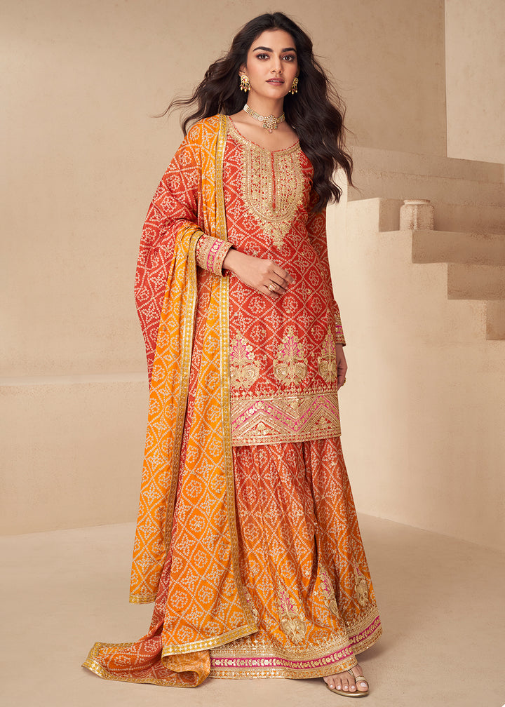 Buy Now Red Bandhej Zari Embroidered Festive Palazzo Suit Online in Newark, Yorktown, Toronto, London, Munich, Chicago, Denver, Utah & Worldwide at Empress.
