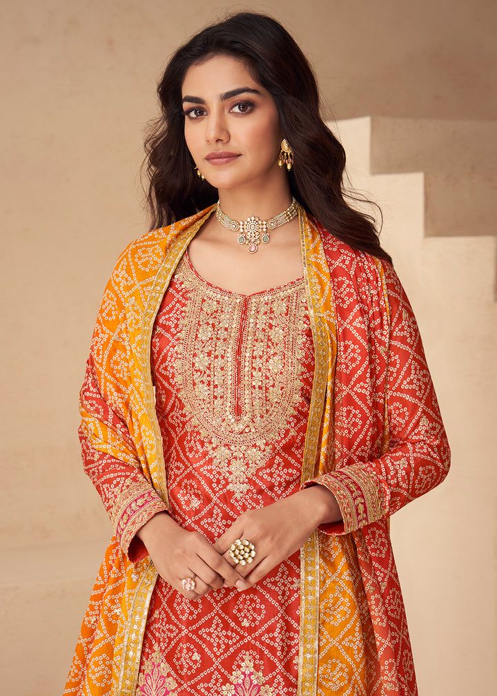 Buy Now Red Bandhej Zari Embroidered Festive Palazzo Suit Online in Newark, Yorktown, Toronto, London, Munich, Chicago, Denver, Utah & Worldwide at Empress.