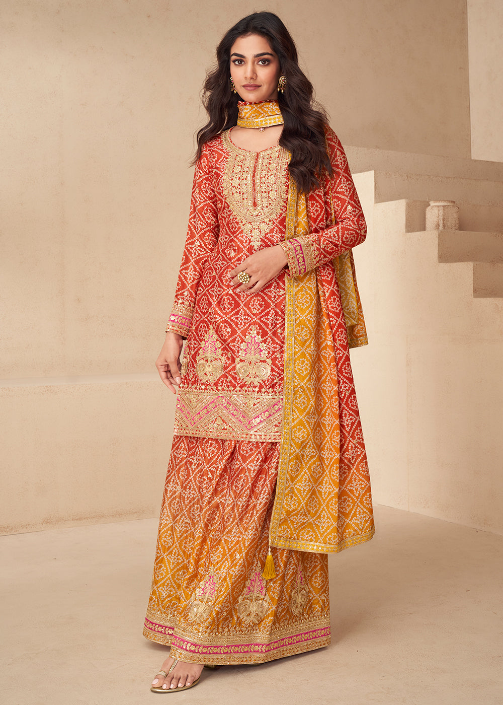 Buy Now Red Bandhej Zari Embroidered Festive Palazzo Suit Online in Newark, Yorktown, Toronto, London, Munich, Chicago, Denver, Utah & Worldwide at Empress.