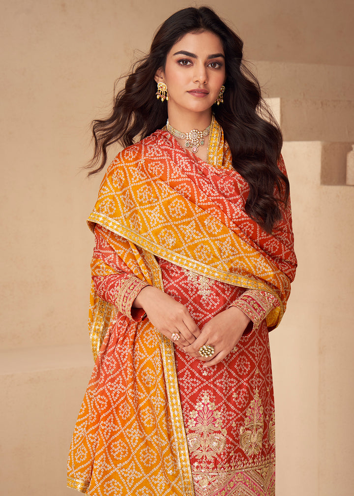 Buy Now Red Bandhej Zari Embroidered Festive Palazzo Suit Online in Newark, Yorktown, Toronto, London, Munich, Chicago, Denver, Utah & Worldwide at Empress.