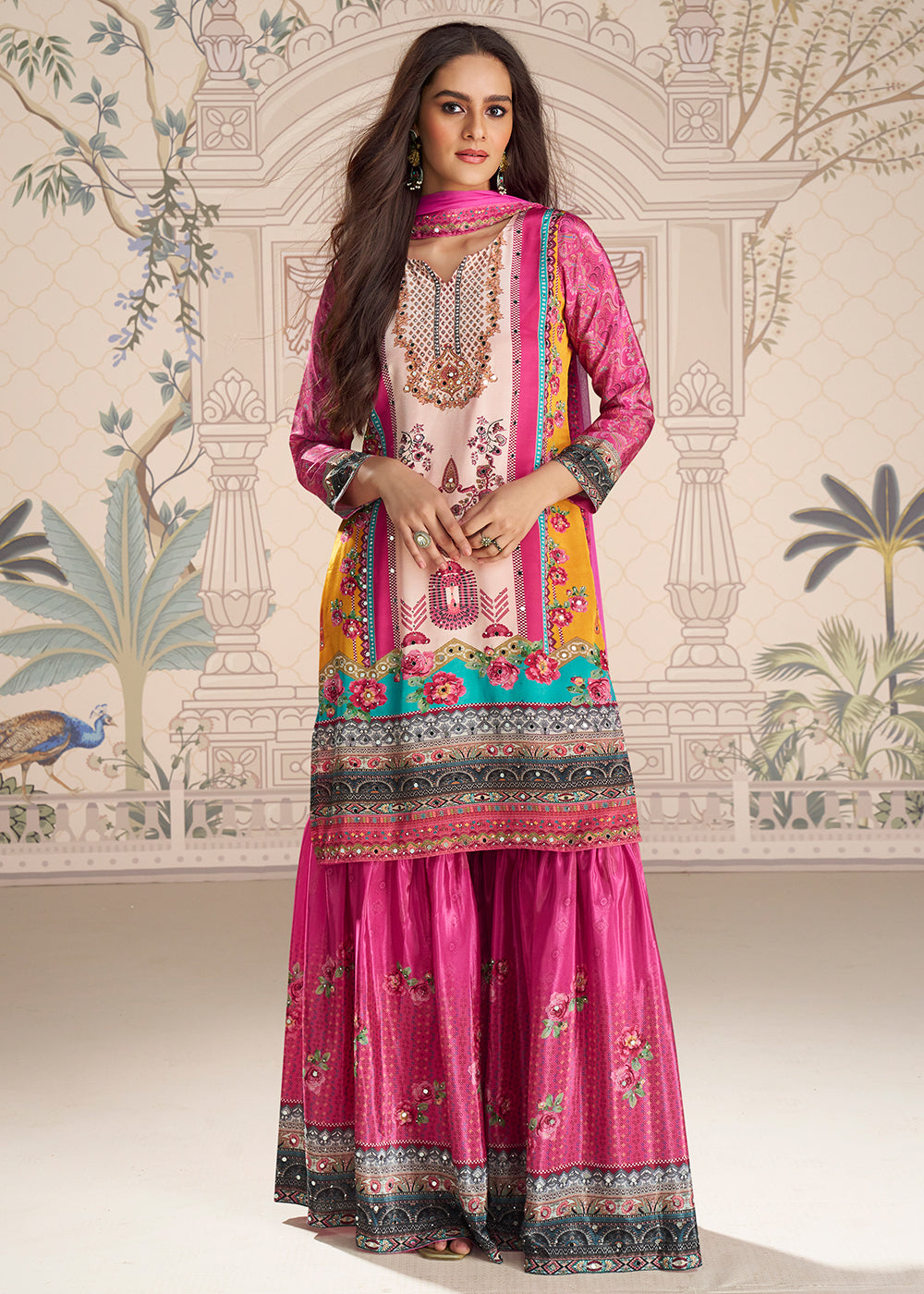 Shop Now Pink Crepe Silk Stylist Mirror Work Gharara Suit Online at Empress in USA, UK, Canada, Germany, Australia, Sweden, Denmark, UAE, Qatar & Worldwide.