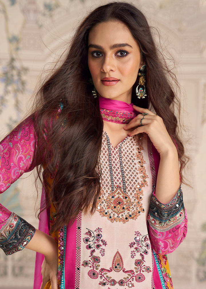 Shop Now Pink Crepe Silk Stylist Mirror Work Gharara Suit Online at Empress in USA, UK, Canada, Germany, Australia, Sweden, Denmark, UAE, Qatar & Worldwide.