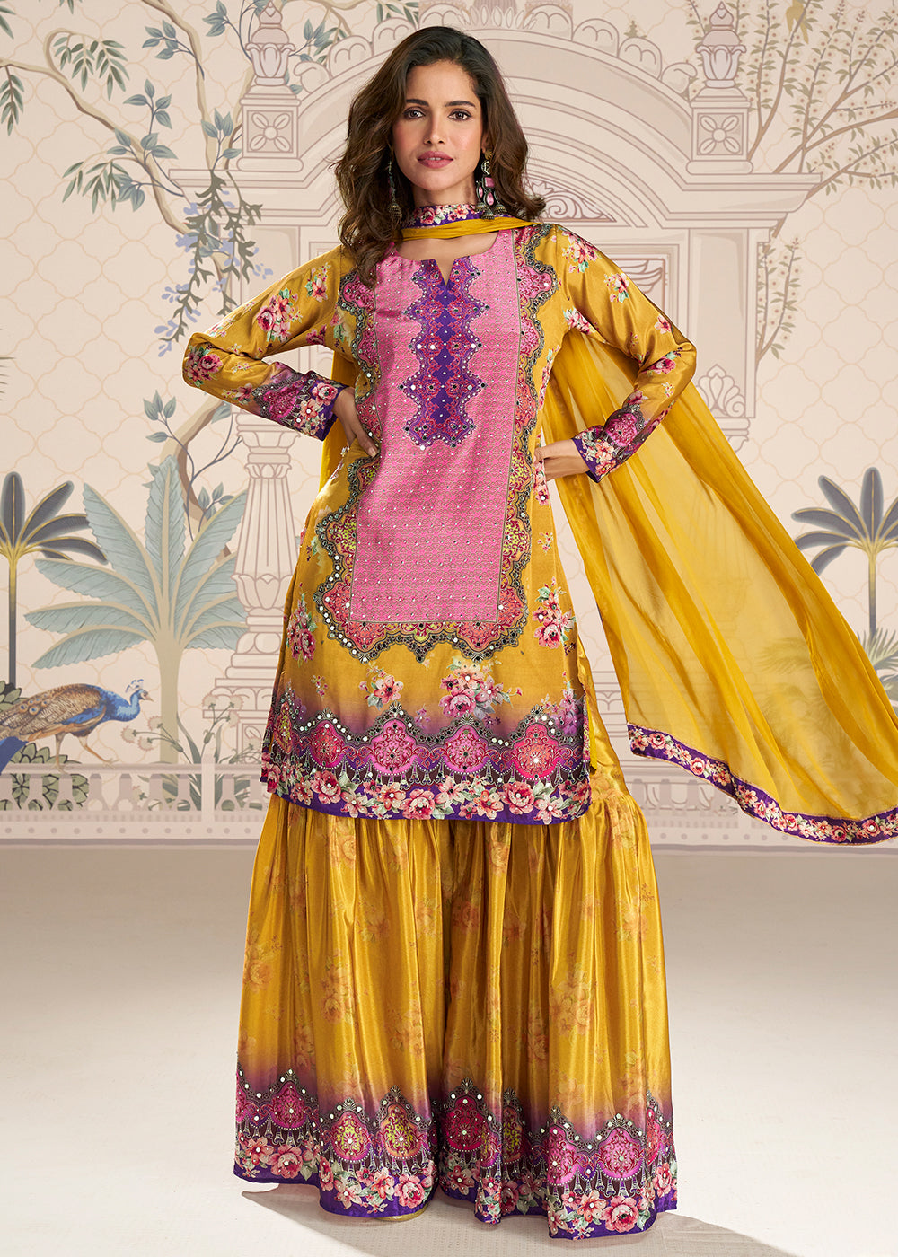 Shop Now Yellow Crepe Silk Stylist Mirror Work Gharara Suit Online at Empress in USA, UK, Canada, Germany, Australia, Sweden, Denmark, UAE, Qatar & Worldwide.