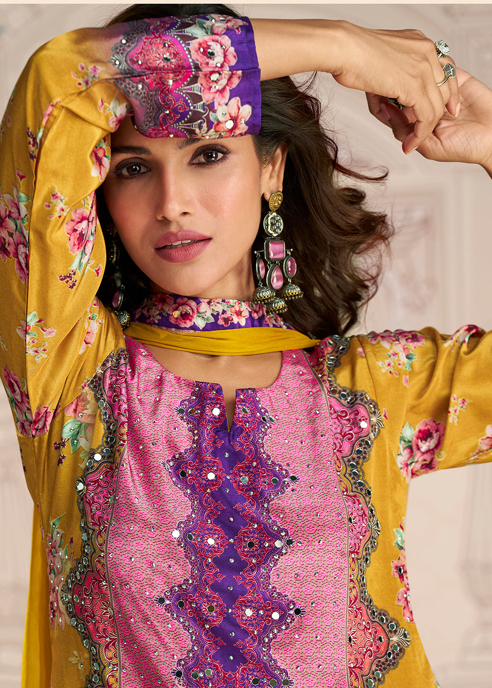 Shop Now Yellow Crepe Silk Stylist Mirror Work Gharara Suit Online at Empress in USA, UK, Canada, Germany, Australia, Sweden, Denmark, UAE, Qatar & Worldwide.