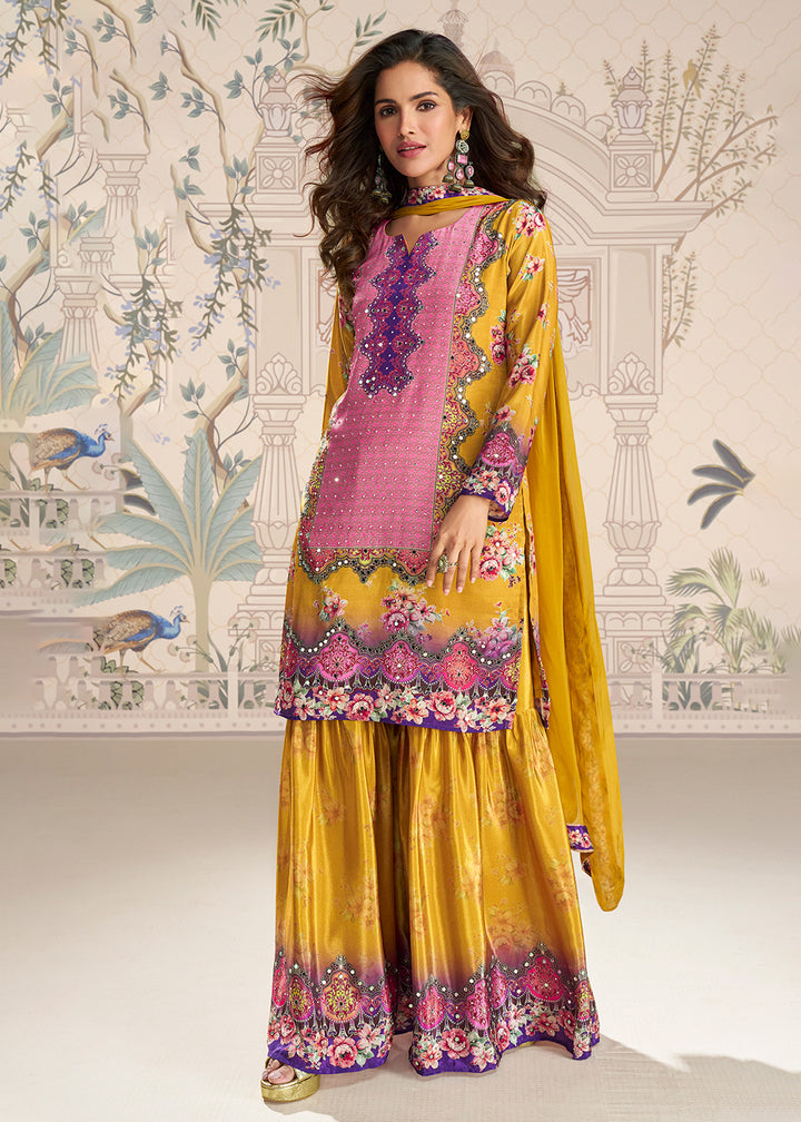 Shop Now Yellow Crepe Silk Stylist Mirror Work Gharara Suit Online at Empress in USA, UK, Canada, Germany, Australia, Sweden, Denmark, UAE, Qatar & Worldwide.