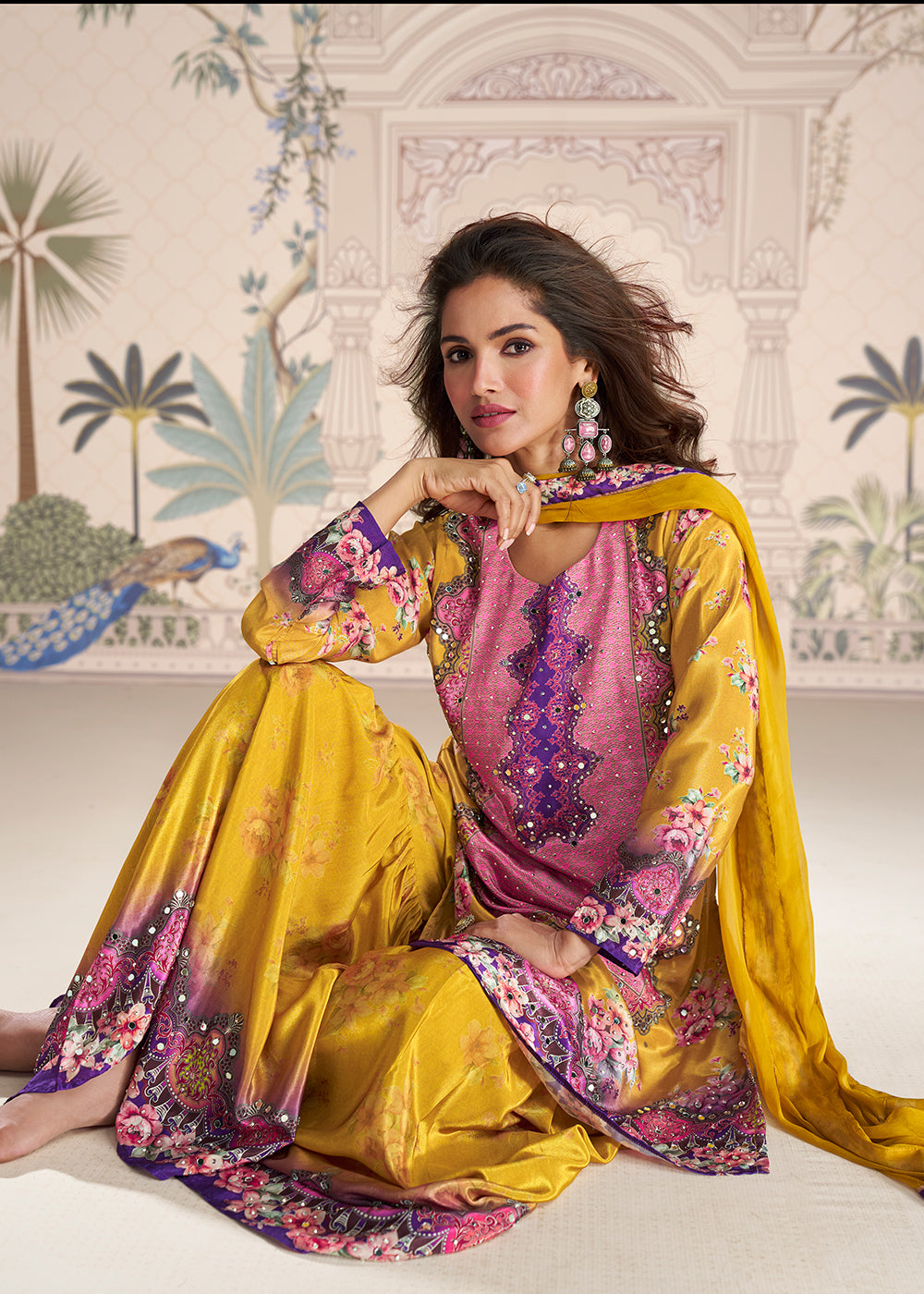 Shop Now Yellow Crepe Silk Stylist Mirror Work Gharara Suit Online at Empress in USA, UK, Canada, Germany, Australia, Sweden, Denmark, UAE, Qatar & Worldwide.