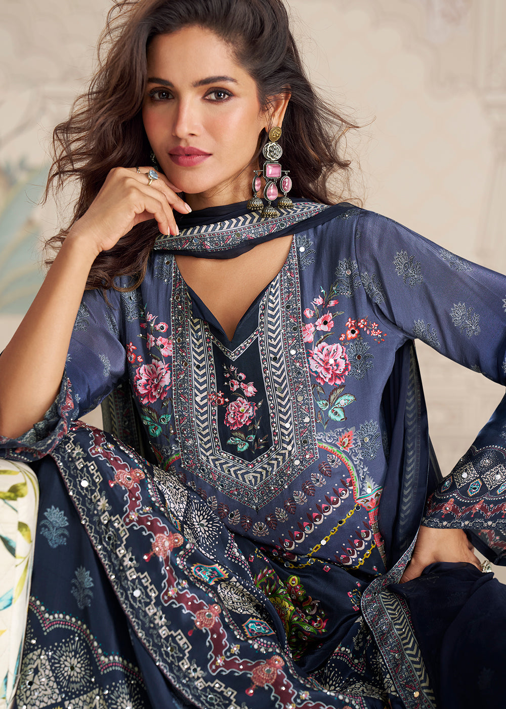 Shop Now Blue Crepe Silk Stylist Mirror Work Gharara Suit Online at Empress in USA, UK, Canada, Germany, Australia, Sweden, Denmark, UAE, Qatar & Worldwide.