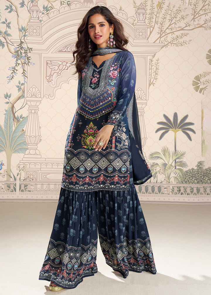 Shop Now Blue Crepe Silk Stylist Mirror Work Gharara Suit Online at Empress in USA, UK, Canada, Germany, Australia, Sweden, Denmark, UAE, Qatar & Worldwide.