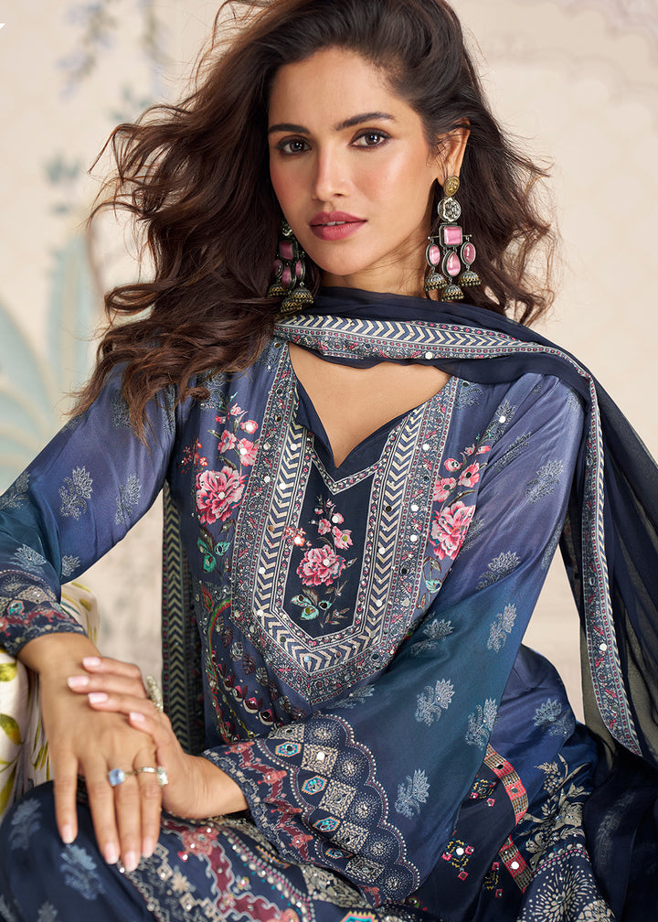 Shop Now Blue Crepe Silk Stylist Mirror Work Gharara Suit Online at Empress in USA, UK, Canada, Germany, Australia, Sweden, Denmark, UAE, Qatar & Worldwide.