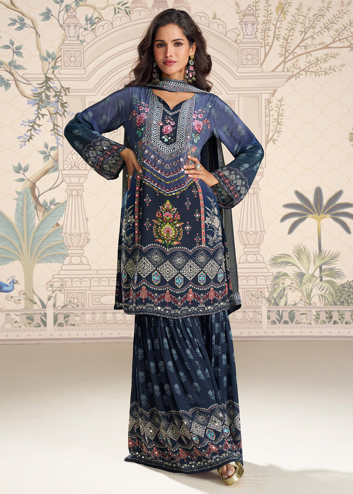 Shop Now Blue Crepe Silk Stylist Mirror Work Gharara Suit Online at Empress in USA, UK, Canada, Germany, Australia, Sweden, Denmark, UAE, Qatar & Worldwide.