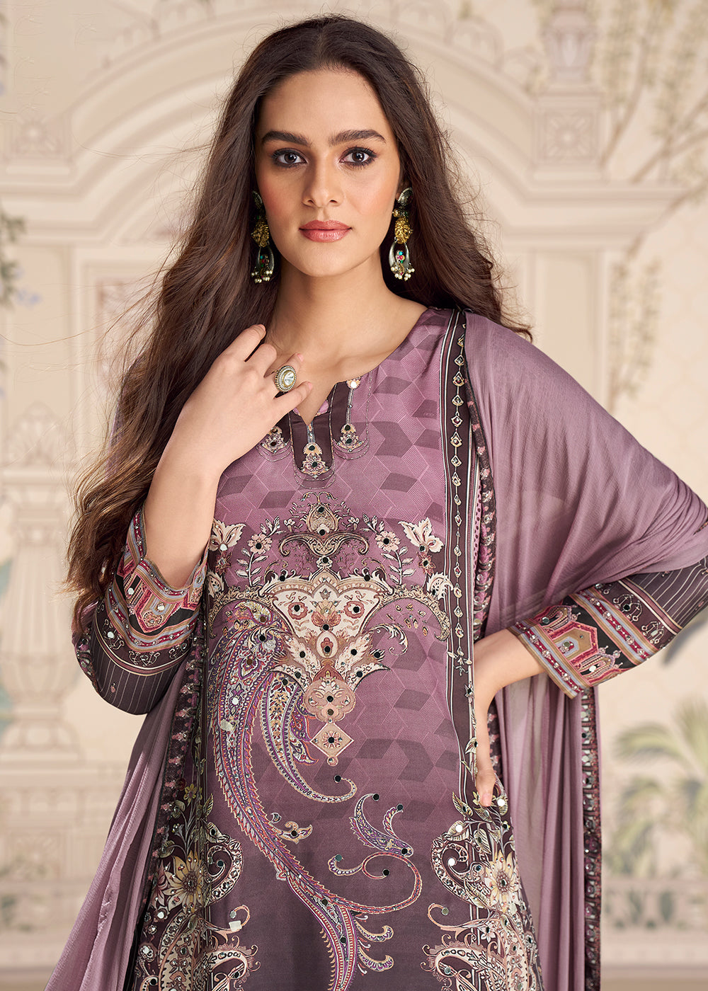Shop Now Purple Crepe Silk Stylist Mirror Work Gharara Suit Online at Empress in USA, UK, Canada, Germany, Australia, Sweden, Denmark, UAE, Qatar & Worldwide.