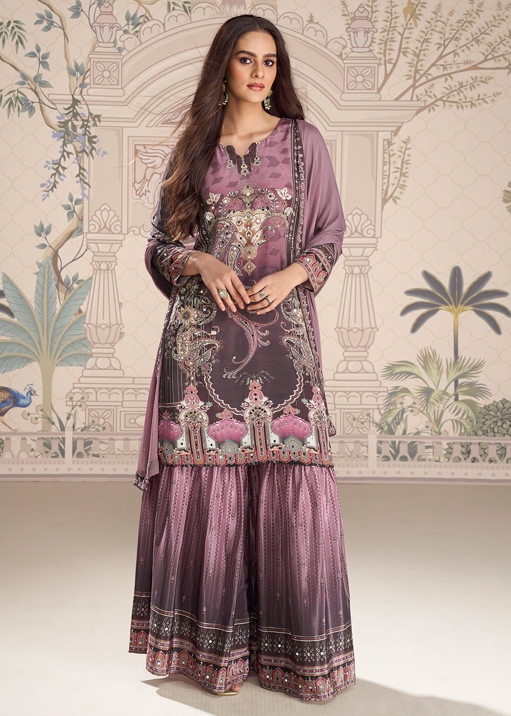 Shop Now Purple Crepe Silk Stylist Mirror Work Gharara Suit Online at Empress in USA, UK, Canada, Germany, Australia, Sweden, Denmark, UAE, Qatar & Worldwide.