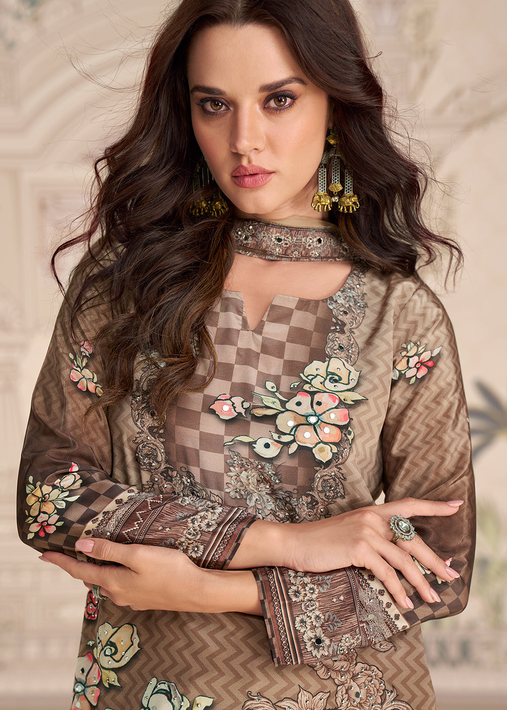 Shop Now Brown Crepe Silk Stylist Mirror Work Gharara Suit Online at Empress in USA, UK, Canada, Germany, Australia, Sweden, Denmark, UAE, Qatar & Worldwide.