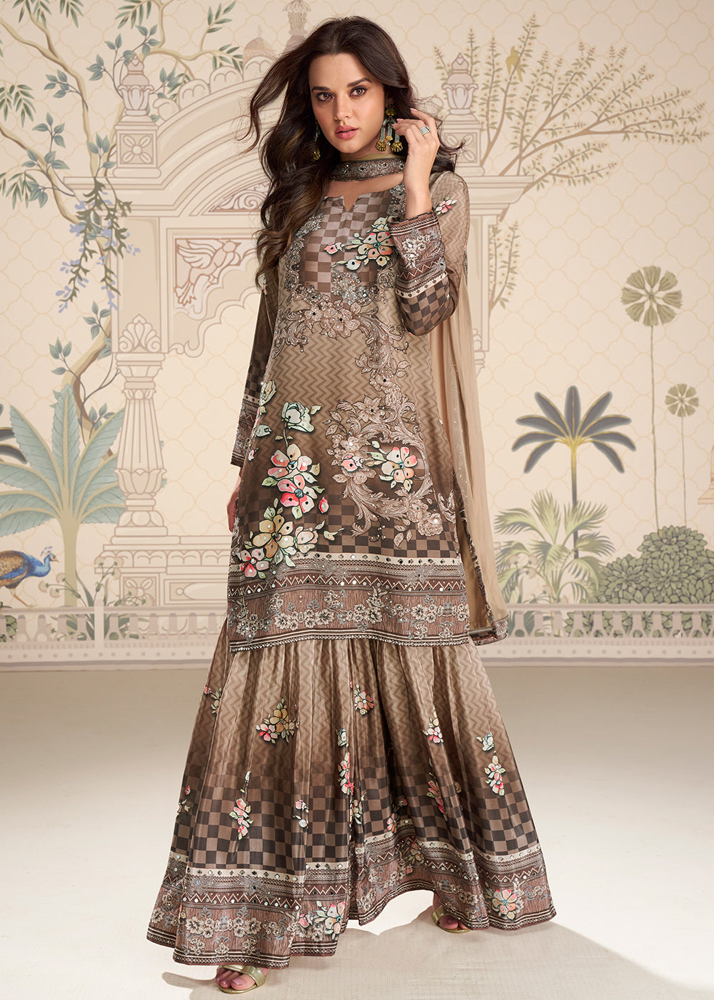 Shop Now Brown Crepe Silk Stylist Mirror Work Gharara Suit Online at Empress in USA, UK, Canada, Germany, Australia, Sweden, Denmark, UAE, Qatar & Worldwide.
