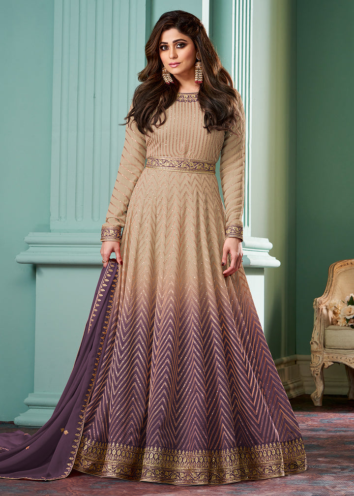 Shop Now Beige & Purple Belt Style Anarkali Gown Online in USA, UK, Canada, Germany, Italy, France, UAE, Australia, Singapore & worldwid at Empress Clothing.