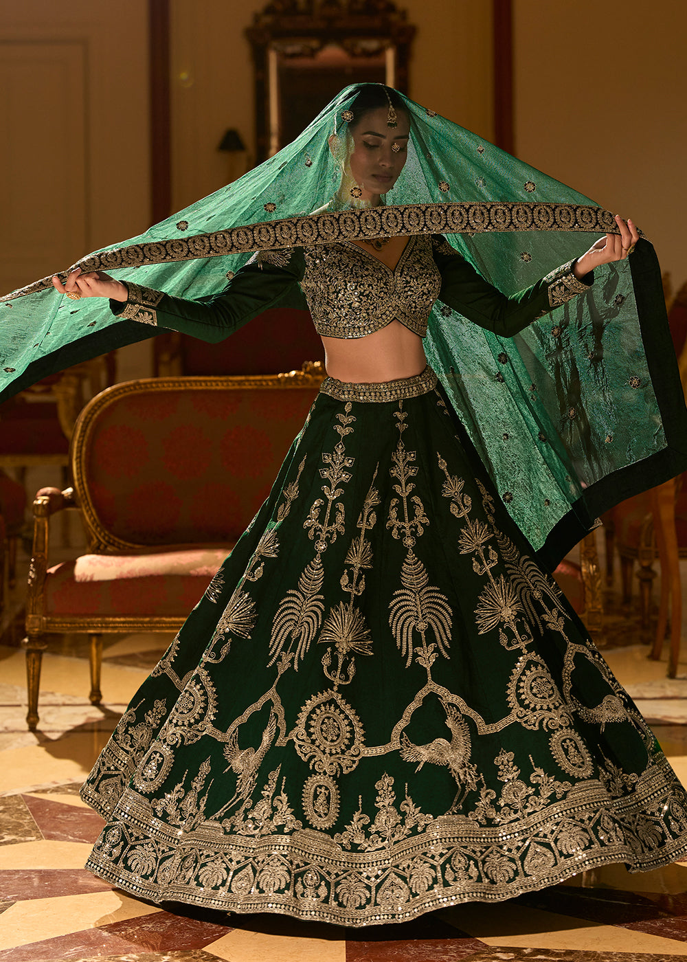 Buy Now Green Premium Silk & Embroidered Designer Lehenga Choli Online in USA, UK, France, Canada, Italy, Sweden, Greece, UAE & Worldwide at Empress Clothing.