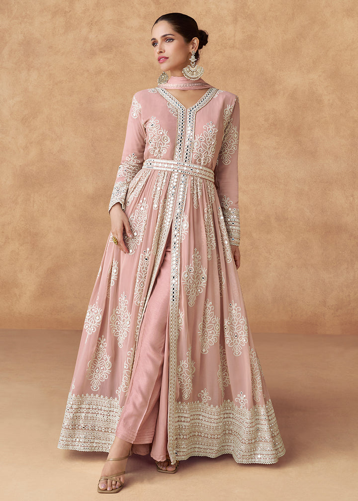 Buy Now Peach Front Slit Style Embroidered Wedding Anarkali Suit Online in USA, UK, Australia, Italy, Germany, Canada, France & Worldwide at Empress Clothing.