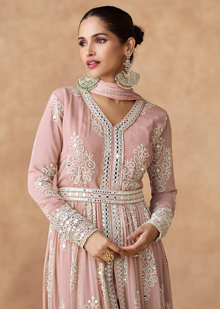 Buy Now Peach Front Slit Style Embroidered Wedding Anarkali Suit Online in USA, UK, Australia, Italy, Germany, Canada, France & Worldwide at Empress Clothing.