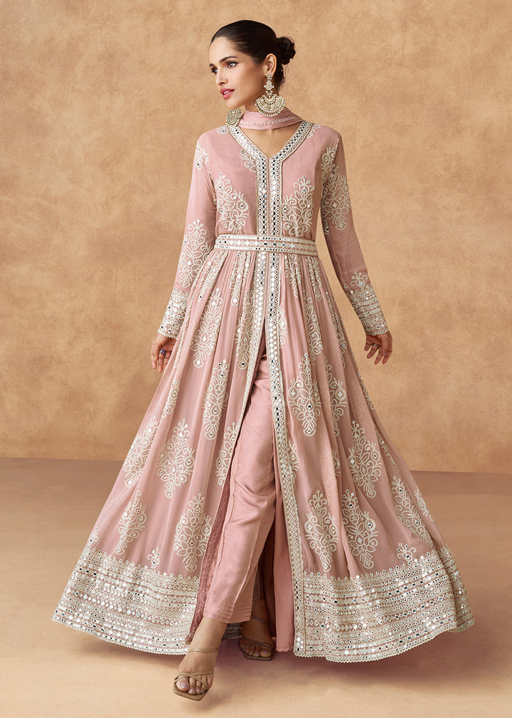 Buy Now Peach Front Slit Style Embroidered Wedding Anarkali Suit Online in USA, UK, Australia, Italy, Germany, Canada, France & Worldwide at Empress Clothing.