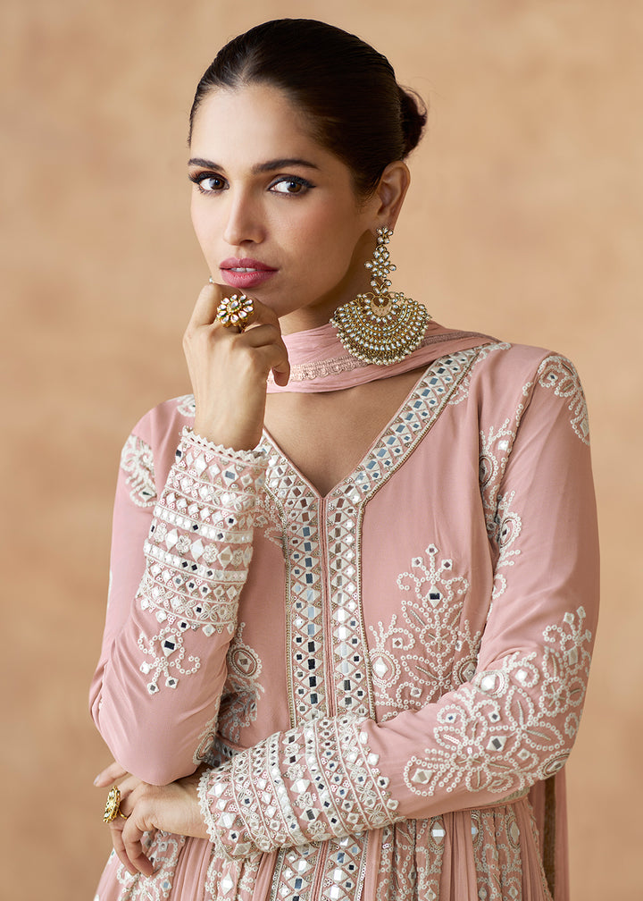 Buy Now Peach Front Slit Style Embroidered Wedding Anarkali Suit Online in USA, UK, Australia, Italy, Germany, Canada, France & Worldwide at Empress Clothing.
