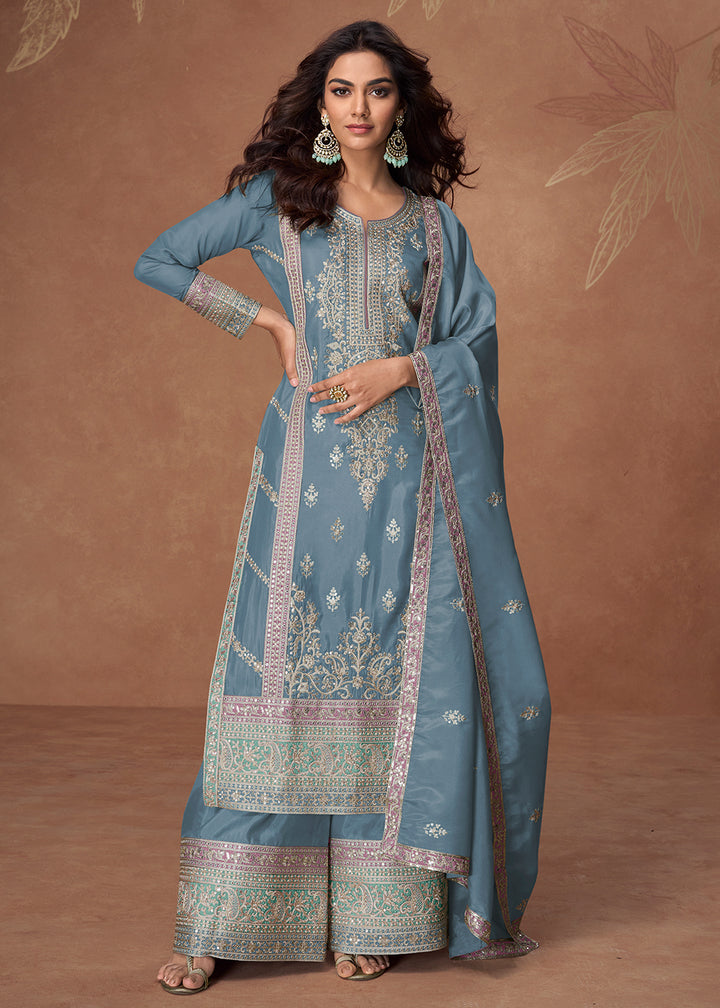 Buy Now Organza Shimmer Silk Grey Embroidered Palazzo Style Suit Online in USA, UK, Canada, Germany, Italy & Worldwide at Empress Clothing.