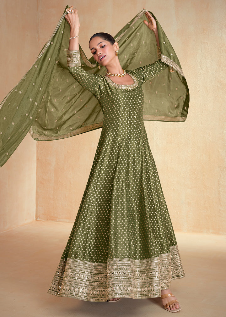 Buy Now Green Pure Organza Jacquard Silk Festive Anarkali Gown Online in USA, UK, Australia, Italy, Germany, Canada, France & Worldwide at Empress Clothing.