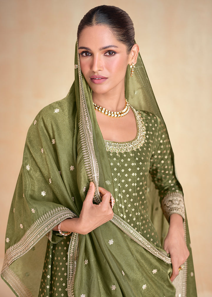 Buy Now Green Pure Organza Jacquard Silk Festive Anarkali Gown Online in USA, UK, Australia, Italy, Germany, Canada, France & Worldwide at Empress Clothing.