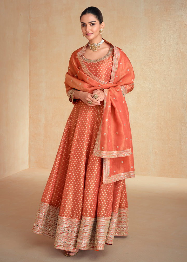 Buy Now Orange Pure Organza Jacquard Silk Festive Anarkali Gown Online in USA, UK, Australia, Italy, Germany, Canada, France & Worldwide at Empress Clothing.