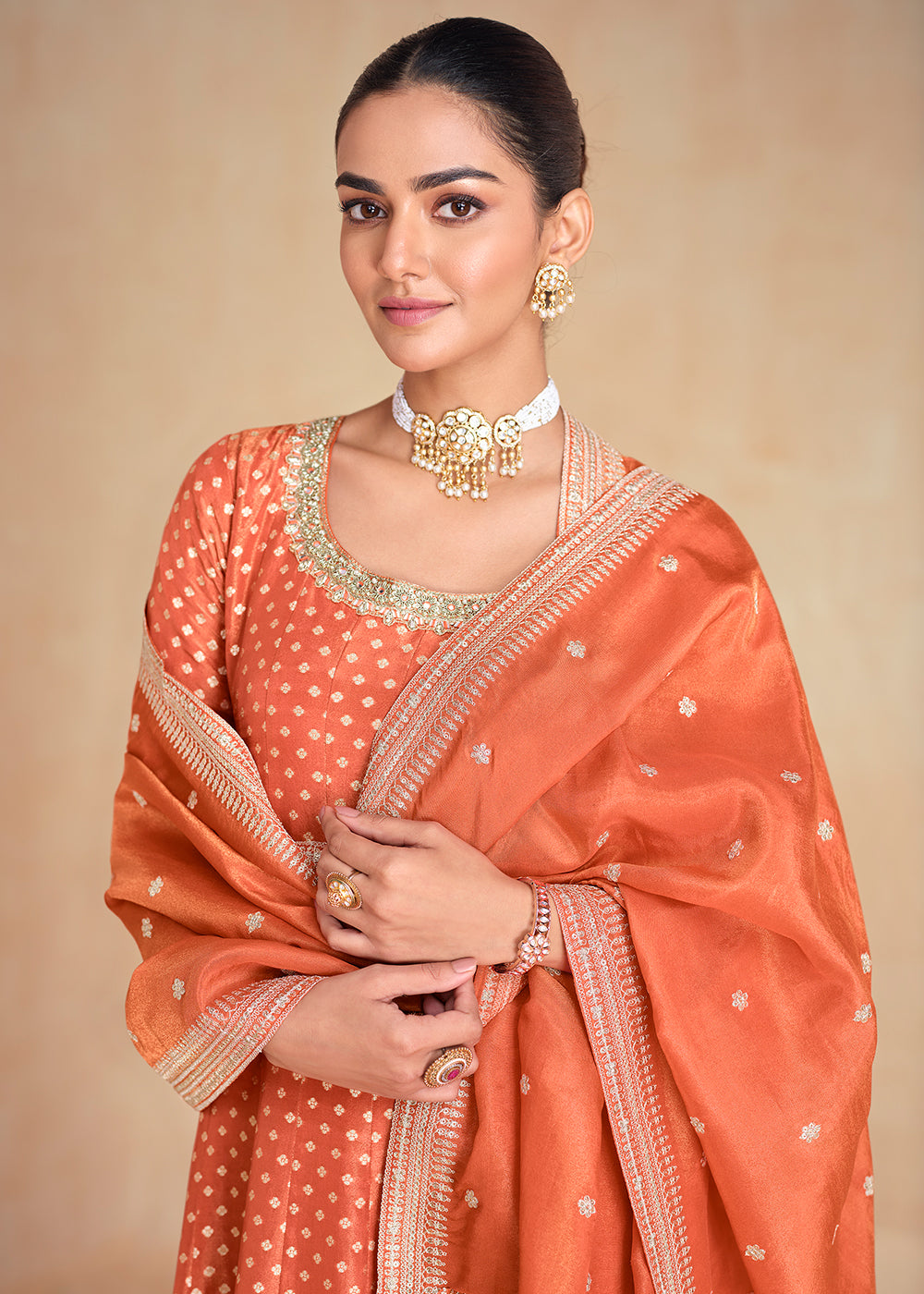 Buy Now Orange Pure Organza Jacquard Silk Festive Anarkali Gown Online in USA, UK, Australia, Italy, Germany, Canada, France & Worldwide at Empress Clothing.