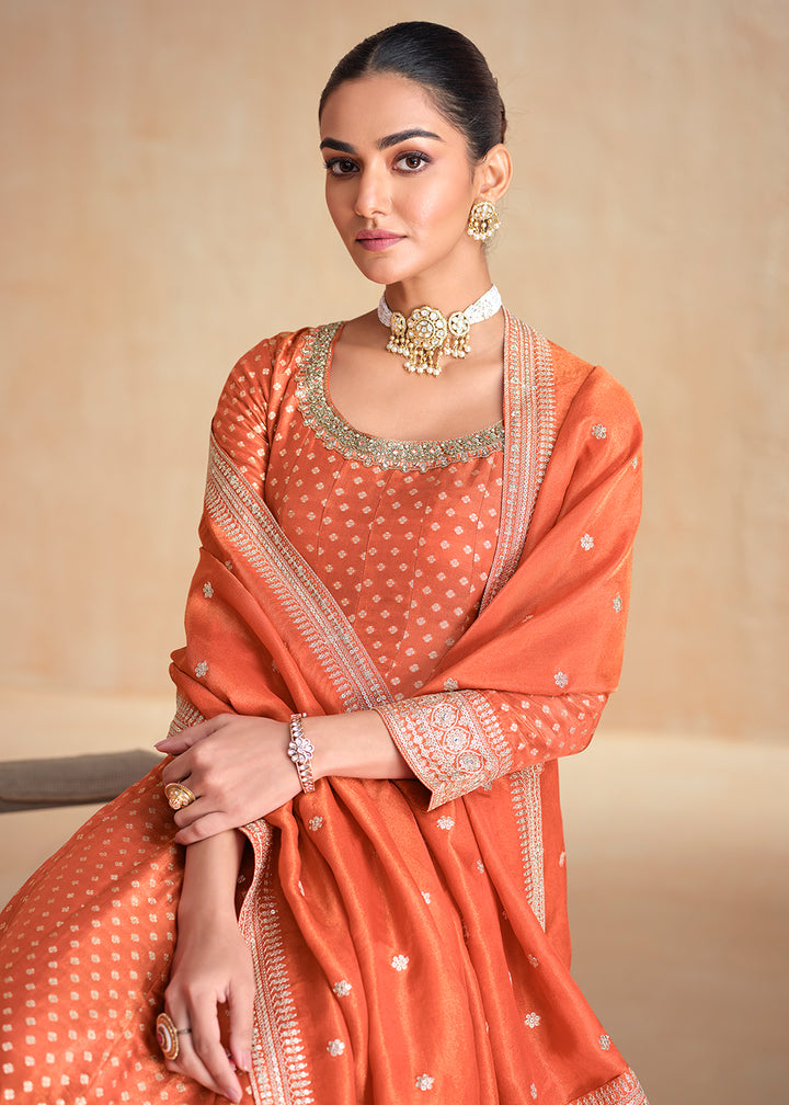 Buy Now Orange Pure Organza Jacquard Silk Festive Anarkali Gown Online in USA, UK, Australia, Italy, Germany, Canada, France & Worldwide at Empress Clothing.