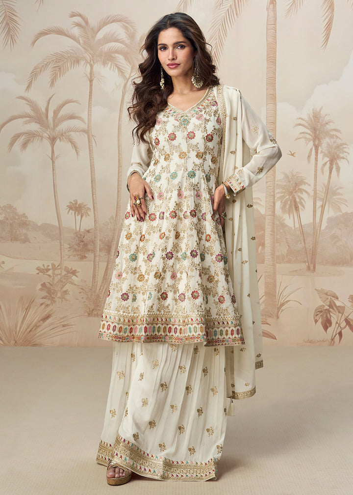 Buy Now Beautiful Off White Color Embroidered Designer Palazzo Suit Online in USA, UK, Canada, Germany, Italy, France, UAE & Worldwide at Empress Clothing.