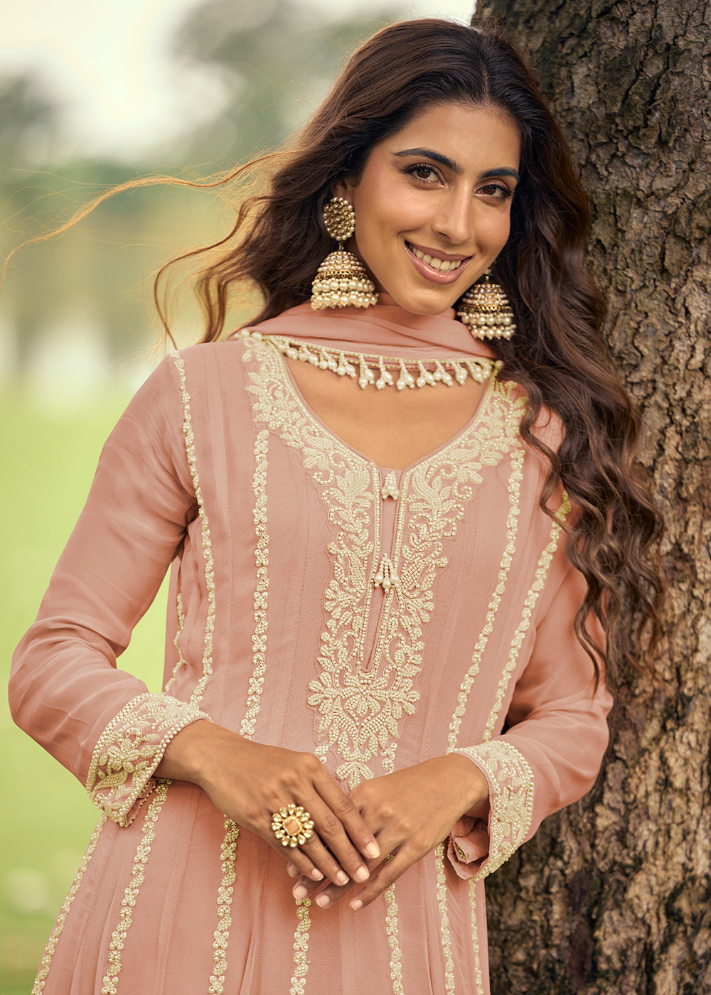 Buy Now Real Georgette Pink Anarkali Style Pant Suit Online in Newark, Miami, Toronto, London, Bayern, Katy, Utah, New York, Orlando, & Worldwide at Empress.