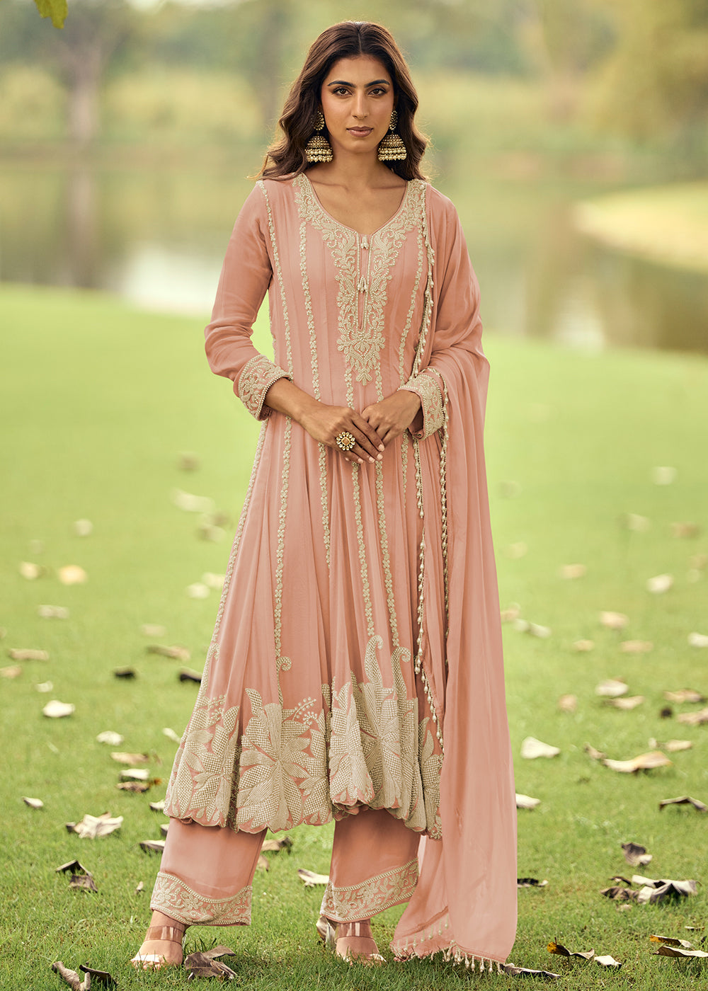 Buy Now Real Georgette Pink Anarkali Style Pant Suit Online in Newark, Miami, Toronto, London, Bayern, Katy, Utah, New York, Orlando, & Worldwide at Empress.