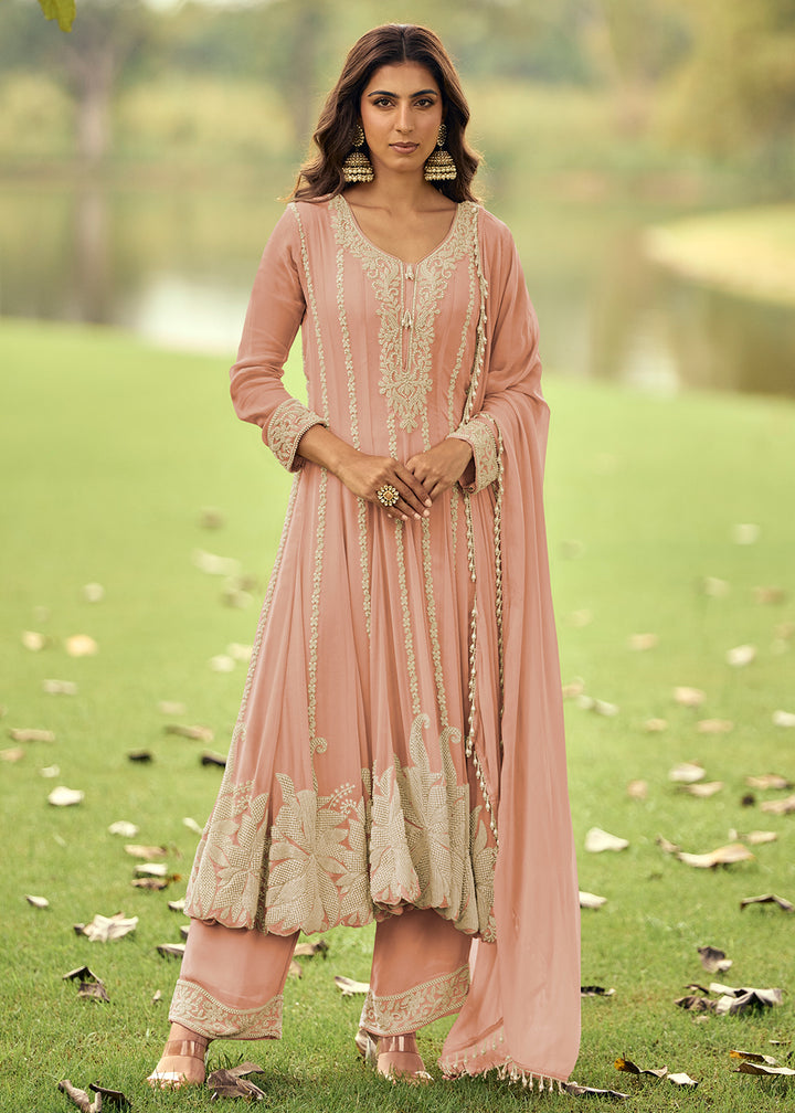 Buy Now Real Georgette Pink Anarkali Style Pant Suit Online in Newark, Miami, Toronto, London, Bayern, Katy, Utah, New York, Orlando, & Worldwide at Empress.
