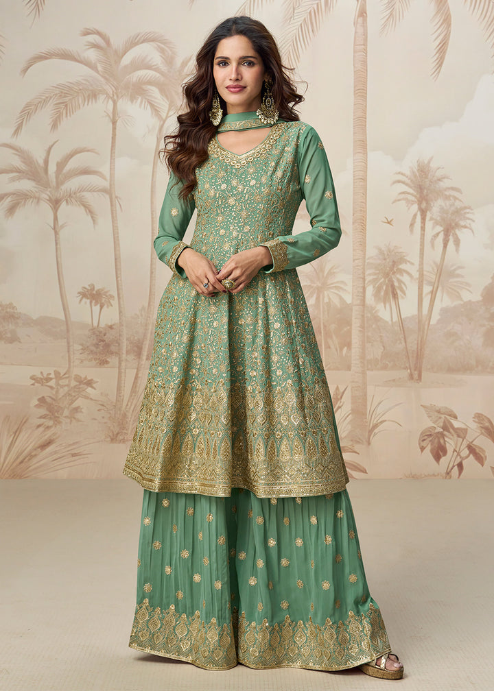 Buy Now Beautiful Green Color Embroidered Designer Palazzo Suit Online in USA, UK, Canada, Germany, Italy, France, UAE, Austria & Worldwide at Empress Clothing.