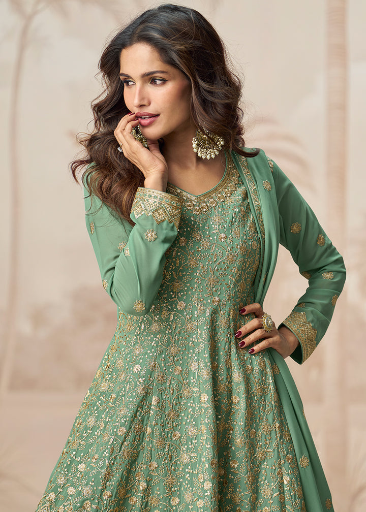 Buy Now Beautiful Green Color Embroidered Designer Palazzo Suit Online in USA, UK, Canada, Germany, Italy, France, UAE, Austria & Worldwide at Empress Clothing.