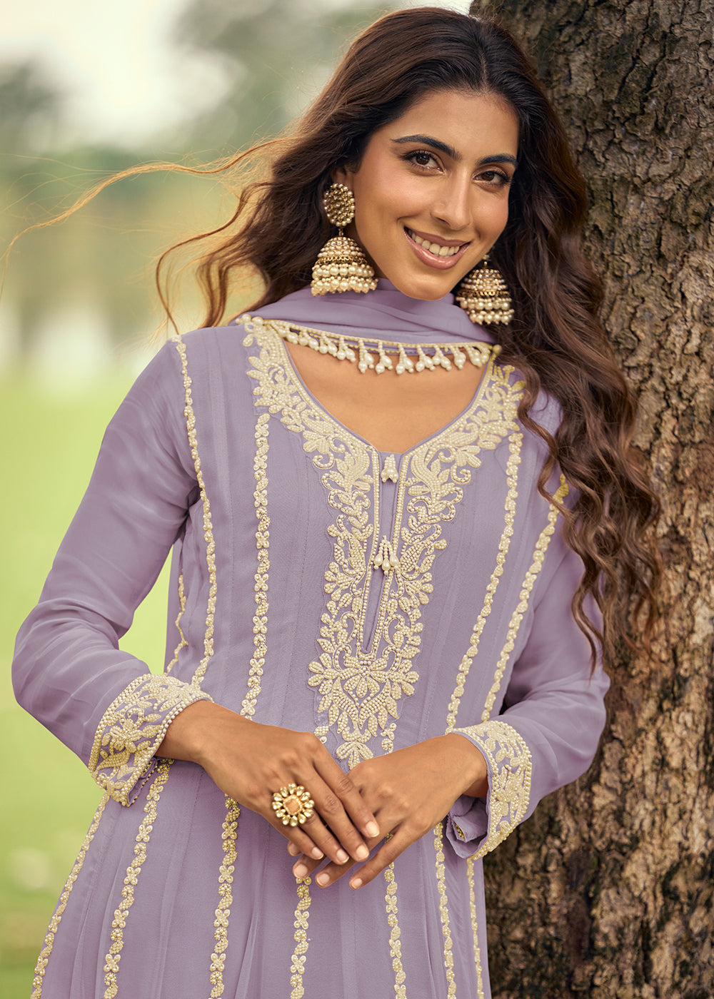 Buy Now Real Georgette Lavender Anarkali Style Pant Suit Online in Newark, Miami, Toronto, London, Bayern, Katy, Utah, New York, Orlando, & Worldwide at Empress.