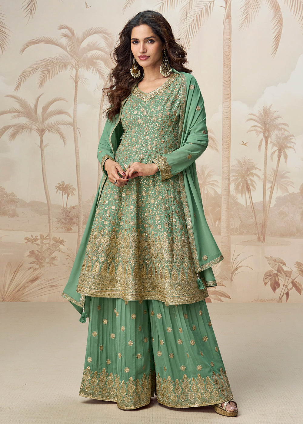 Buy Now Beautiful Green Color Embroidered Designer Palazzo Suit Online in USA, UK, Canada, Germany, Italy, France, UAE, Austria & Worldwide at Empress Clothing.