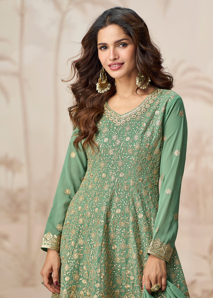 Buy Now Beautiful Green Color Embroidered Designer Palazzo Suit Online in USA, UK, Canada, Germany, Italy, France, UAE, Austria & Worldwide at Empress Clothing.