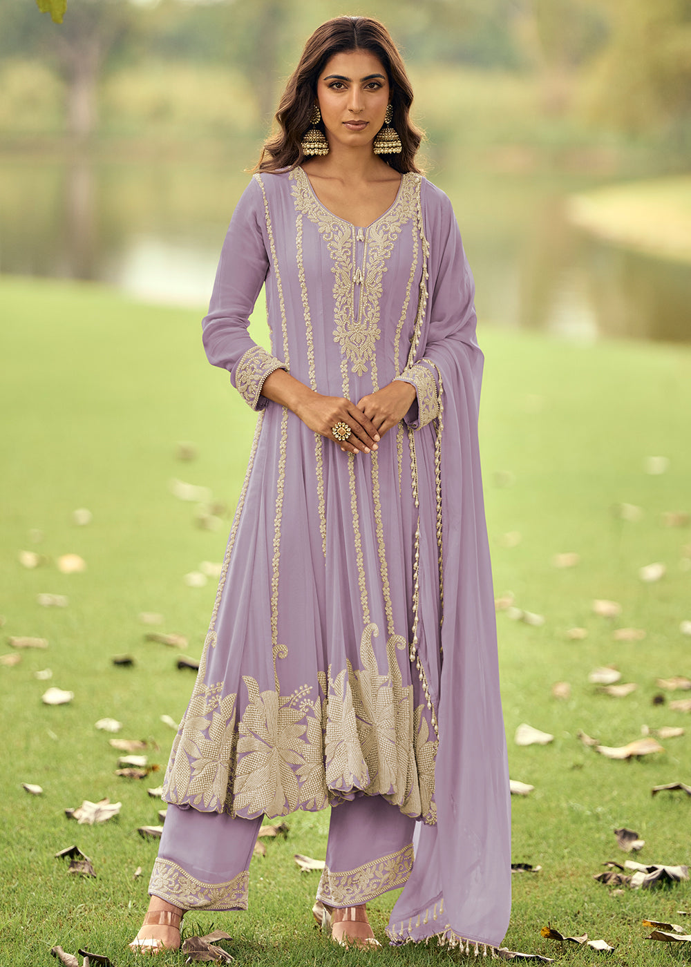Buy Now Real Georgette Lavender Anarkali Style Pant Suit Online in Newark, Miami, Toronto, London, Bayern, Katy, Utah, New York, Orlando, & Worldwide at Empress.