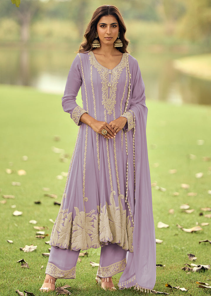 Buy Now Real Georgette Lavender Anarkali Style Pant Suit Online in Newark, Miami, Toronto, London, Bayern, Katy, Utah, New York, Orlando, & Worldwide at Empress.
