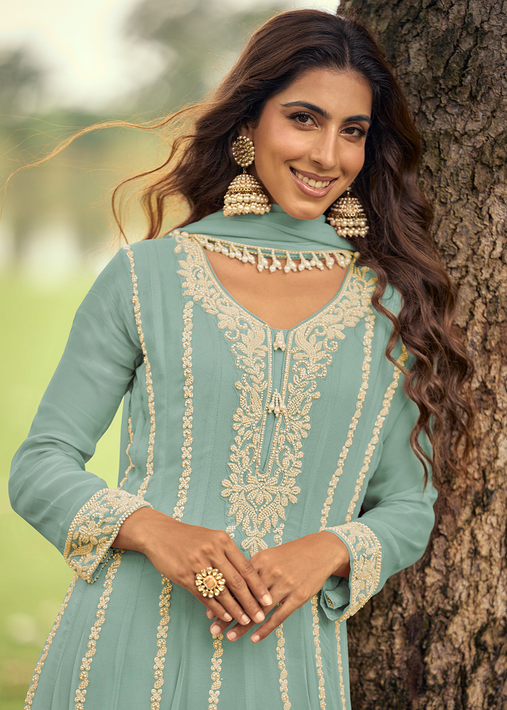 Buy Now Real Georgette Light Blue Anarkali Style Pant Suit Online in Newark, Miami, Toronto, London, Bayern, Katy, Utah, New York, Dubai & Worldwide at Empress.