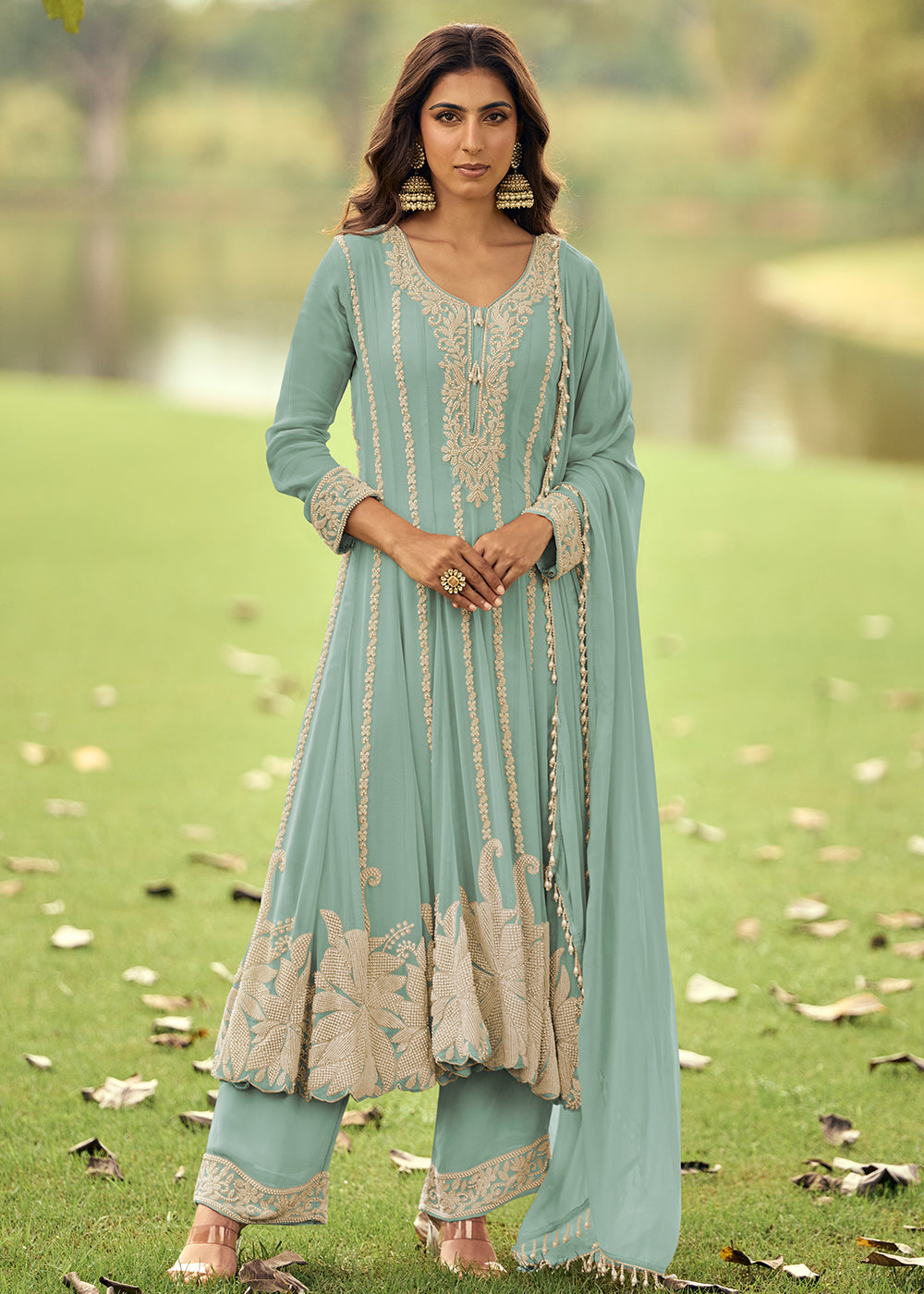 Buy Now Real Georgette Light Blue Anarkali Style Pant Suit Online in Newark, Miami, Toronto, London, Bayern, Katy, Utah, New York, Dubai & Worldwide at Empress.