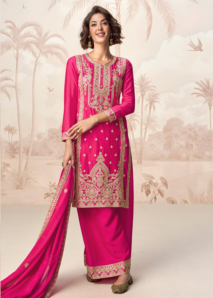Buy Now Hot Pink Premium Chinnon Festive Wedding Palazzo Suit Suit Online in US, UK, Canada, Germany, Italy, France, Austria & Worldwide at Empress Clothing.
