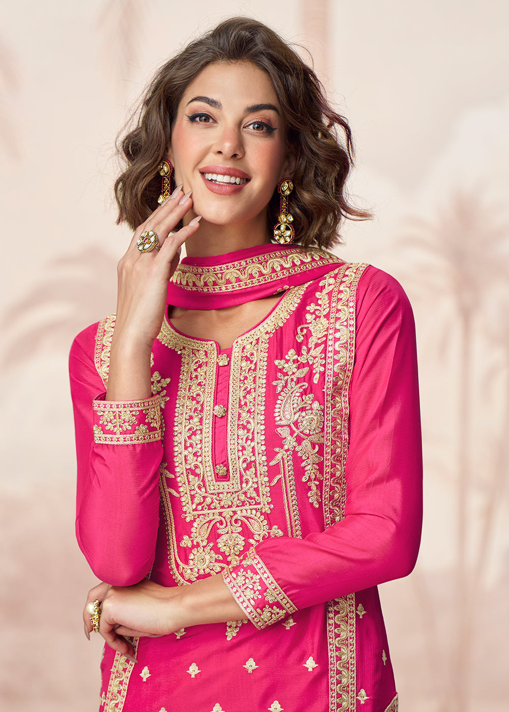 Buy Now Hot Pink Premium Chinnon Festive Wedding Palazzo Suit Suit Online in US, UK, Canada, Germany, Italy, France, Austria & Worldwide at Empress Clothing.