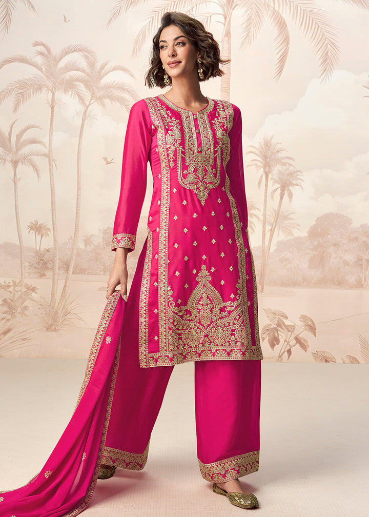Buy Now Hot Pink Premium Chinnon Festive Wedding Palazzo Suit Suit Online in US, UK, Canada, Germany, Italy, France, Austria & Worldwide at Empress Clothing.