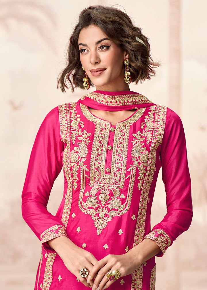 Buy Now Hot Pink Premium Chinnon Festive Wedding Palazzo Suit Suit Online in US, UK, Canada, Germany, Italy, France, Austria & Worldwide at Empress Clothing.