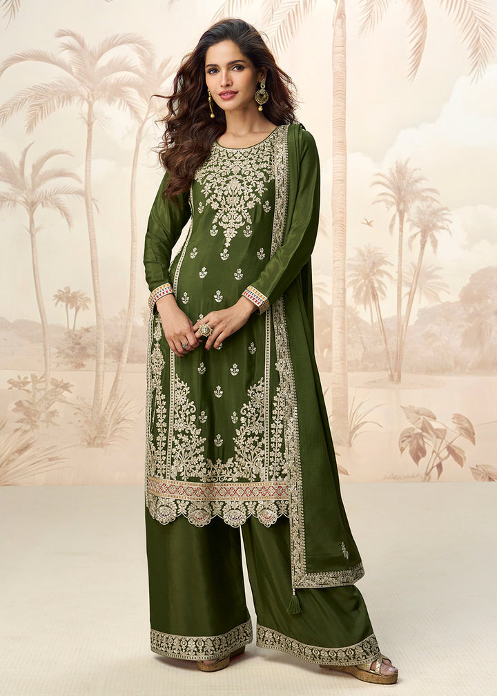 Buy Now Green Premium Chinnon Festive Wedding Palazzo Suit Suit Online in US, UK, Canada, Germany, Italy, France, Austria & Worldwide at Empress Clothing.