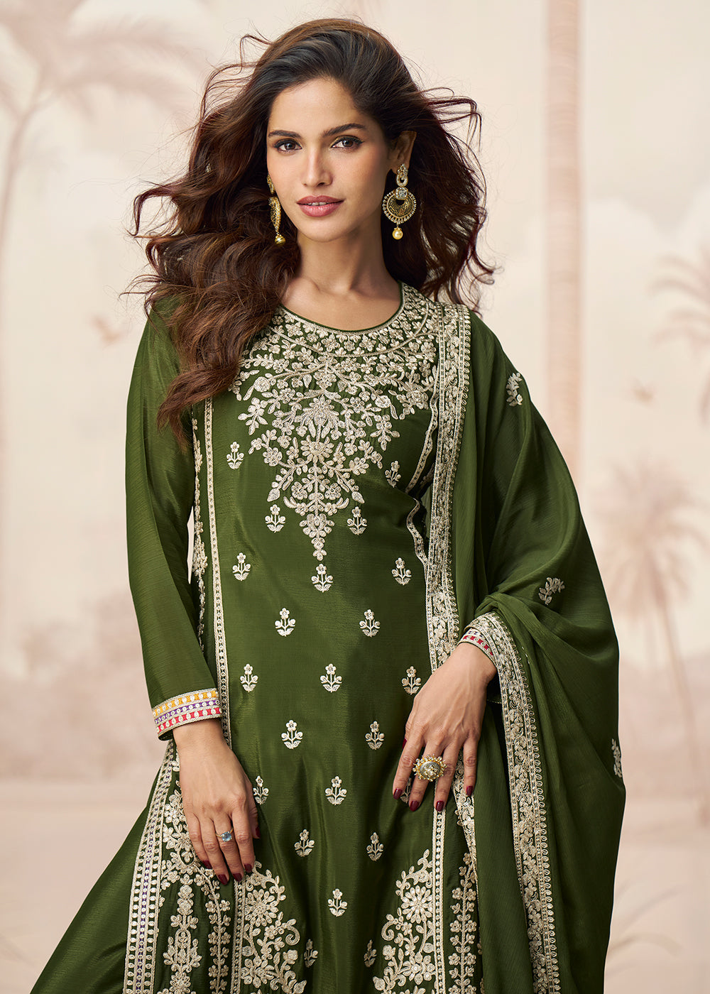 Buy Now Green Premium Chinnon Festive Wedding Palazzo Suit Suit Online in US, UK, Canada, Germany, Italy, France, Austria & Worldwide at Empress Clothing.