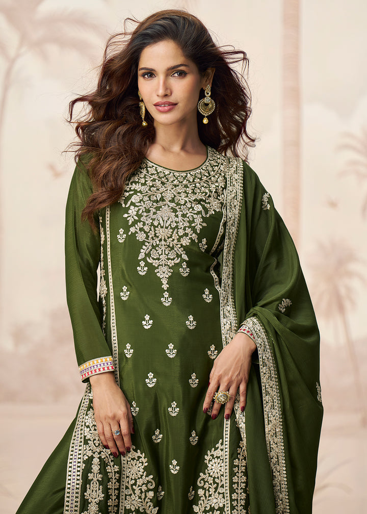 Buy Now Green Premium Chinnon Festive Wedding Palazzo Suit Suit Online in US, UK, Canada, Germany, Italy, France, Austria & Worldwide at Empress Clothing.